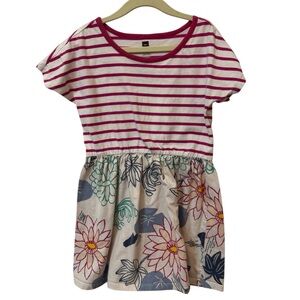100% Cotton Tea Collection Pink Striped & Floral Dress Natural Fiber Size 6